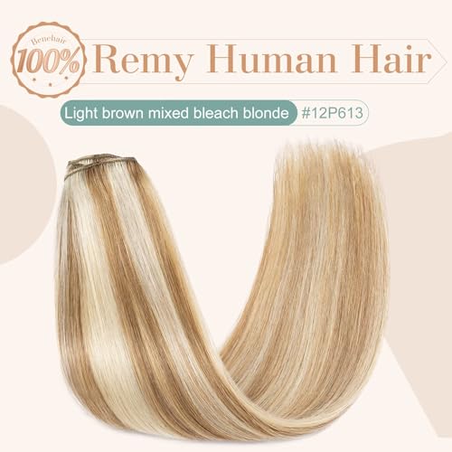 Image of Benehair Clip in Hair Extensions Real Human Hair 8pcs 12inch Remy Human Hair Extensions Straight Hair Extensions Ombre Light Brown Mixed Bleach Blonde