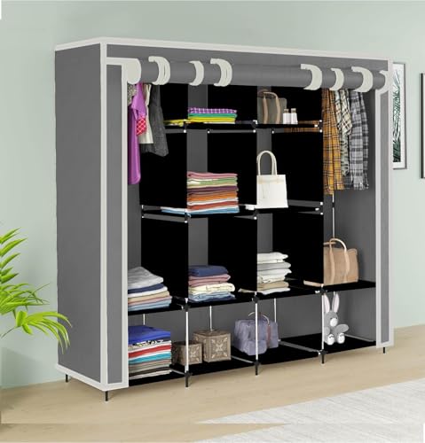 GTC 12 Shelves Fancy Layer Collapsible Wardrobe Portable Almirah Foldable Racks for Clothes Cupboard Cloth Organizer Non Rustable Iron and PP Plastic (Self Assemble) (88170) (Grey)