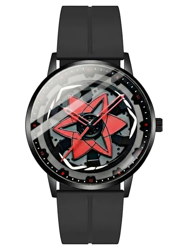 Image of Oculus Men's 3D Car Wheel Rotating Watch, Luxury Sport Quartz, Black and Red, Hollow Hub Dial, Magnetic Silicone Strap (Red Eye)