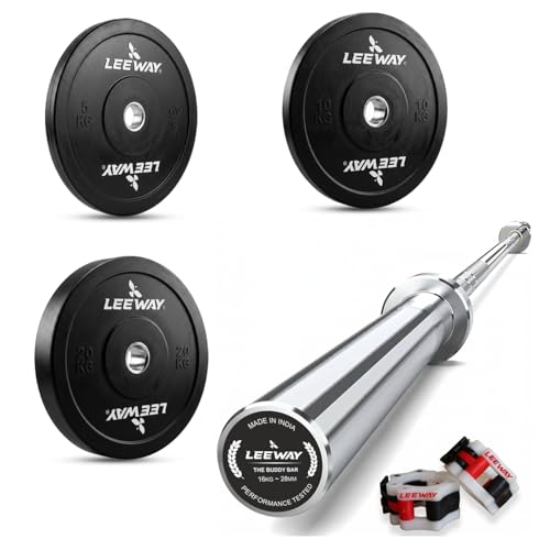 Image of Leeway Olympic Barbell with Bumper Weight Plates | 70 Kg Rubber Weight Plate Set and 7.2 Ft Chrome Gym Bar | Olympic Weightlifting Gym Plates for Home and Commercial (70kg Set (5X2+10X2+20X2))