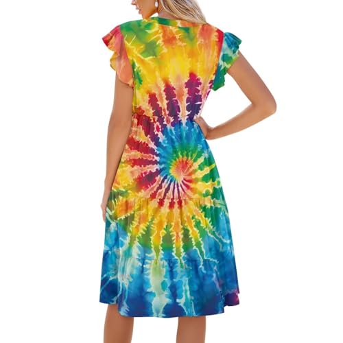 Image of Women's Casual Ruffle Sleeve Dress V Neck Pullover Dress Flowy A-Line Pleated Lightweight Dress with Pockets
