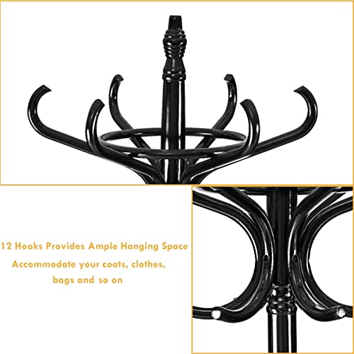 Goflame 73" Coat Rack Freestanding, Wooden Coat Tree With 12 Hooks And Umbrella Stand, Entryway Hall Tree, Hat Hanger Organizer, Coat Rack Stand For Coats, Hats, Scarves, Bags, Easy Assembly, Black #TOP7