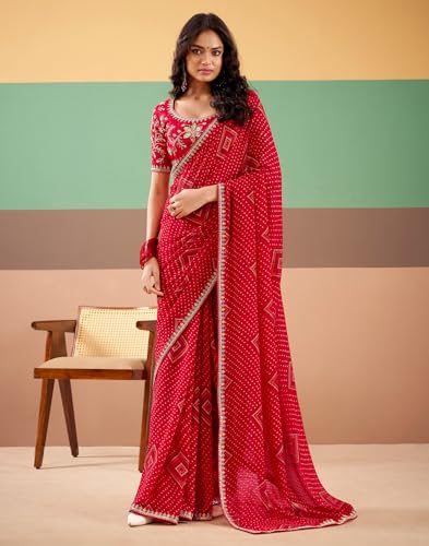 Image of SIRIL Women's Georgette Bandhani Printed, Embroidery Lace Saree With Unstitched Blouse Piece