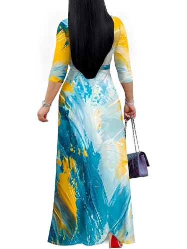 Image of PinkPatty Women's Plus Size Maxi Dresses Casual Flowy 3 /4 Sleeves Dress Printed Vacation Dress for Daily Wear with Belt