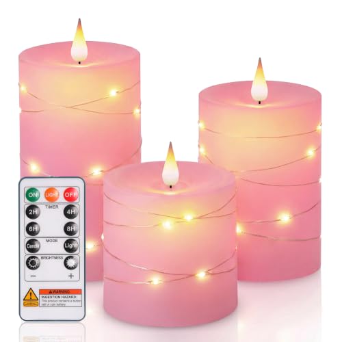 Image of Homemory Pink Flameless Candles with String Lights, Set of 3 Battery Operated LED Pillar Candles with 3D Flickering Wicks, 11-Key Remote Control and Timer for Wedding, Valentine's Day and Home Decor