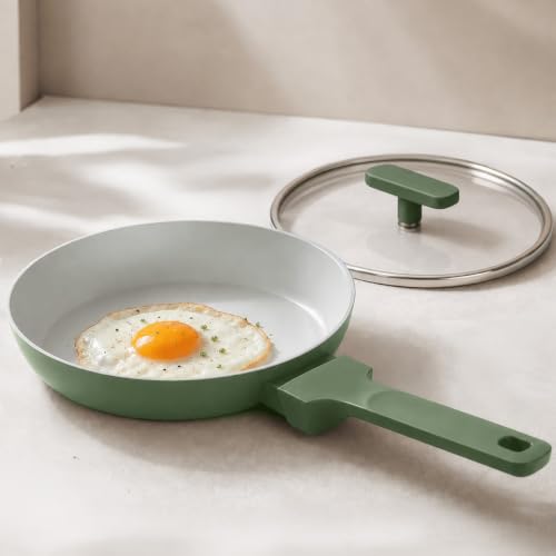 Image of Ember Cookware Arcilla Ceramic Frying Pan 24 cm with Glass Lid | 5-Year Warranty | 75% Less Oil Usage | Lightweight, Non-Toxic Non-Stick Ceramic Frypan | Matching Handle- Gas Compatible | Green
