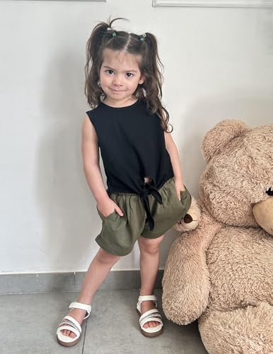 Image of Arshiner Girl's 2 Piece Outfits Tie Knot Tank Top and Paperbag Waist Summer Short Sets With Pocketed