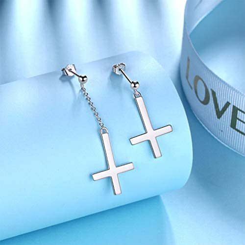 Mens Inverted Cross Stud Earrings Boys Hip Hop Asymmetric Upside Down Cross Dangle Earrings Women Girls Boho Earrings Sterling Silver St. Peter Satanic Earrings Jewelry Gift For Christmas Day Fe0076W #TOP6