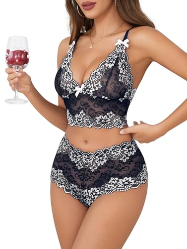 Image of Lilosy Sexy Lingerie for Women Lace Pajamas Set Cami Bra and Panty High Waist Sheer Sleepwear 2 Piece 2XS-6XL