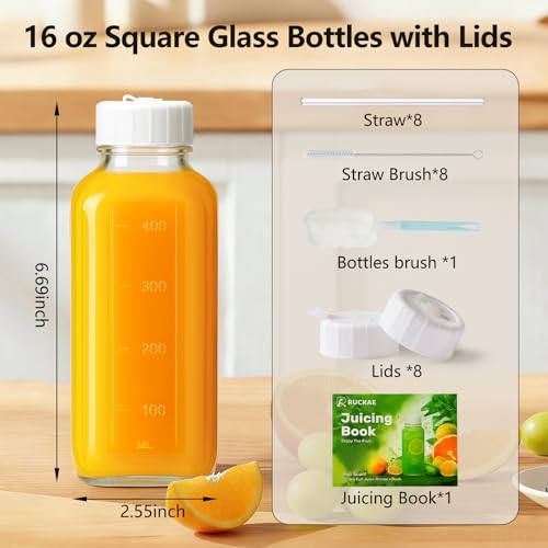 Image of Ruckae 16oz 8 Pack Glass Juice Bottles with Hole Lids - Reusable Square Glass Juice Bottles with Leak-Proof Lid & Capacity Marks for Containers Juicing,Milk,Smoothies