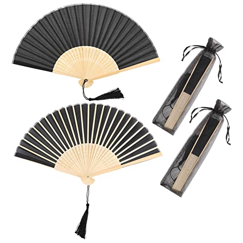 Vaktop Handfächer, 2er Klein Handfächer aus Stoff für eine Abkühlung im Sommer, Faltbar Handfächer mit Quaste und Fan-Tasche - für Hochzeite Bevorzugung Aufführung Tanz Dekoration (Schwarz)