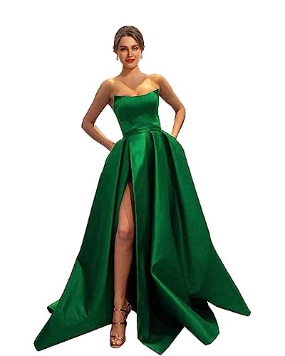 MllesReve Womens Long Strapless Satin Prom Dresses 2024 Sleeveless Slit Evening Ball Gown with Pockets Emerald Green Size 8