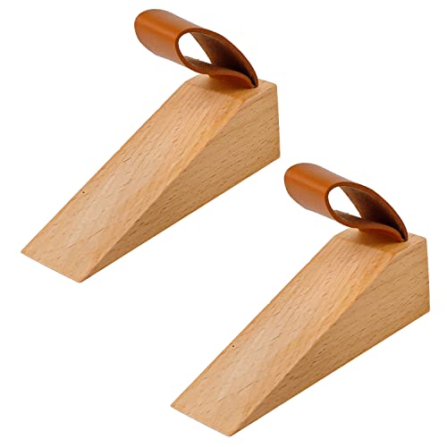 LERANXIN Holzkeile, 2 Stück Buchenholz Türstopper Boden mit Rutschfester Silikonunterlage, 112mm x 35mm Türkeil mit Ledergriff, für Türspalten von 5 Bis 30 mm