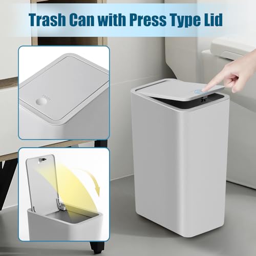 Image of TIPGO Bathroom Trash Can with Lid, 10 Liter / 2.6 Gallon Slim Garbage Can, Small Trash Bin Waste Basket with Pop-Up Lid for Kitchen, Bedroom, Living Room, Office (Grey)