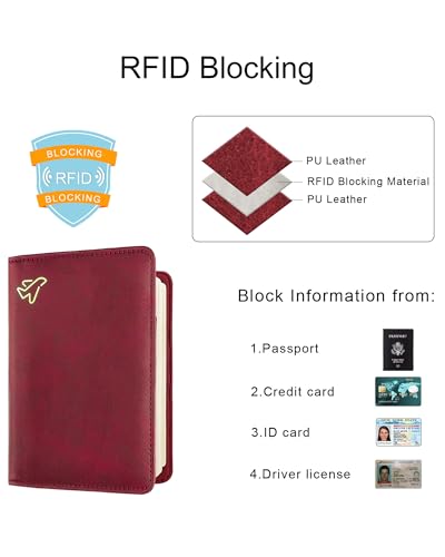 Image of WALNEW Passport Holder for Travel, RFID Passport Cover Wallet for Women Men, PU Leather Passport Book Card Holder Case with Pen (Elastic Band Closure, C-Red)