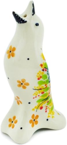 Ceramika Artystyczna - Pájaro de cerámica polaca de 4 pulgadas (flora roja sobre tema de margarita verde) Signature UNIKAT + certificado de