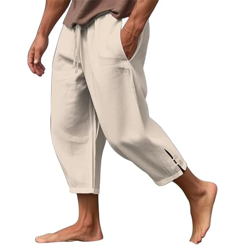 Men Fashion Solid Split Beach Pants Breathable Vacation Cropped Trousers Summer Classic Comfy Casual Sport Pant