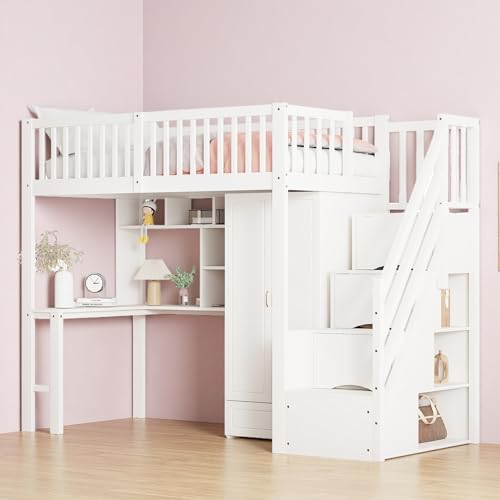 Sapgaks Lit superposé enfan 90x200 avec Armoire,lit Mezzanine 2 Places avec Bureau,lit Enfant Fille avec barriereé,Mezzanine escalier rangements,Blanc