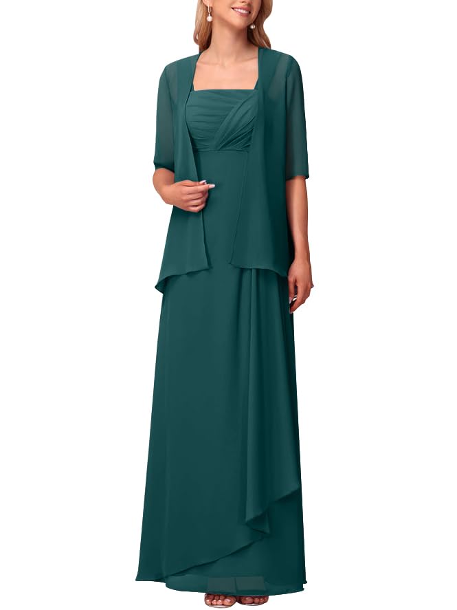 WangLiJun 2 Pc Mother of The Bride Dresses with Jacket Chiffon Ruffle Wedding Mother of Groom Long Evening Gowns Half Sleeve