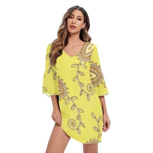 Robe trapèze en mousseline de soie jaune à motif floral et col en V pour femme