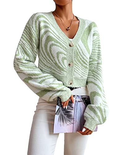 Makemechic Women's Zebra Striped Long Sleeve Button Down Cropped Cardigan Sweater Green M #TOP21