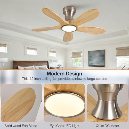 Image of 36 Inch Wood Flush Mount Ceiling Fans with Lights and Remote, Dimmable 5 Blade Wood Bedroom Ceiling Fan Outdoor Ceiling Fans for Patios Low Profile Ceiling Fan with Light for Bedroom Indoor