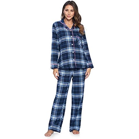 Ashford & Brooks Women's Flannel Plaid Pajamas Long Sleeve Button Down Pj Set, Navy White Blue Plaid, Medium Cover
