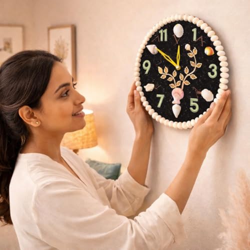Image of Sea Shell Wall Clock Black | Decorative Coastal Ocean Theme Silent Non-Ticking Analog Clock for Home, Living Room, Bedroom & Office