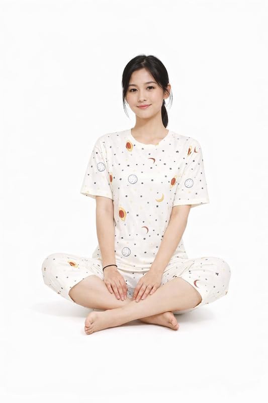 Image of Women Capri Pajama Set Korean Style Nightsuit Soft Breathable Top and Mid Length Pants Lightweight Loose Fit Nightwear Loungewear