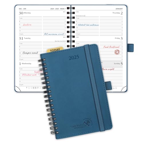 POPRUN Pocket Diary 2025 Week to View A6 (16x10.5 cm) Small Soft Cover Spiral Diary 25 Appointment Weekly Work Planner, Inner Pocket, 100GSM Paper (Night Sky Blue)