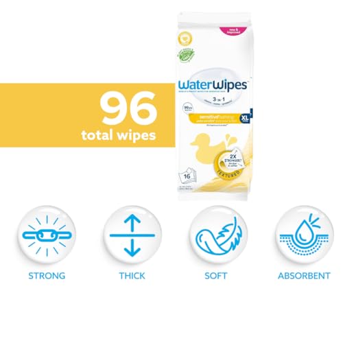 Image of WaterWipes Sensitive+ Bathing Wipes, 3-In-1 Cleans, Cares, Protects, 99.9% Water, Unscented & Hypoallergenic, 16 Count (Pack of 6)