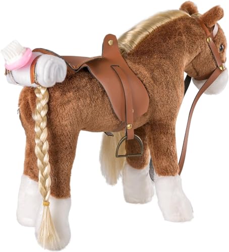 BEJOY Plüsch Pferd Spielzeug, Kämmpferd Plüschpferd Plüsch Spielzeug mit Sattel, Zaumzeug und Baumwolltuch, Pretend Play Pferd Geschenk für Mädchen Kinder, 28cm Braun