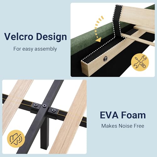Image of Allewie Full Size Platform Bed Frame with Fabric Upholstered Headboard and Wooden Slats Support, Fully Upholstered Mattress Foundation /No Box Spring Needed /Easy Assembly, Green