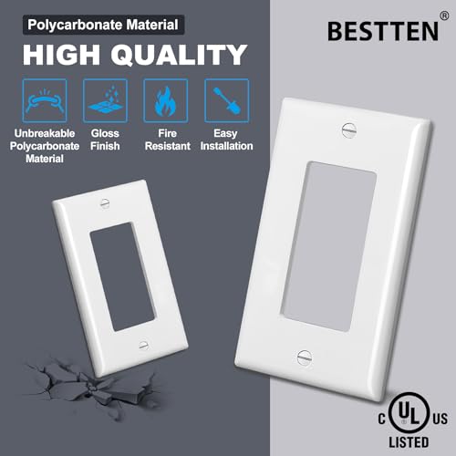 Image of BESTTEN 10 Pack 1-Gang Decorator Wall Plate, Standard Size, H4.53 inch x W2.76 inch, Unbreakable Polycarbonate Outlet and Switch Cover, White, UL Listed