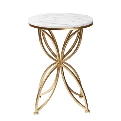 Image of Modern Round Accent Side Table with Marble Finish Top & Gold Metal Base | End Table for Living Room & Sofa Side (White-Gold)