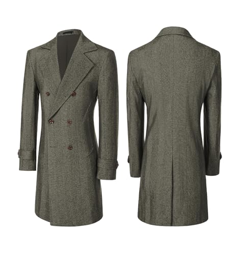 Image of Men's Peacoat Jackets Grey Coats Casual Winter Trench Coat Herringbone Long Jacket Warm Wool Overcoat for Men