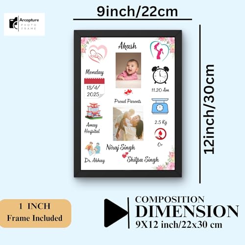 Image of Personalized Newborn Baby Photo Frame with Name, Date, Weight, or Time | Personalized Photo Frame Gift for New Parents | Nursery Wall Decor & Baby Announcement