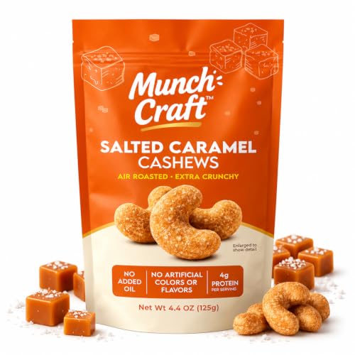 Munch Craft Gourmet Salted Caramel Cashews – Perfectly Balanced Flavor (Buttery Caramel &amp; Sea Salt) – Extra Crunchy Air-Roasted Nuts, Oil-Free – No Artificial Colors or Flavors – 4.4 oz (125g) Resealable Bag