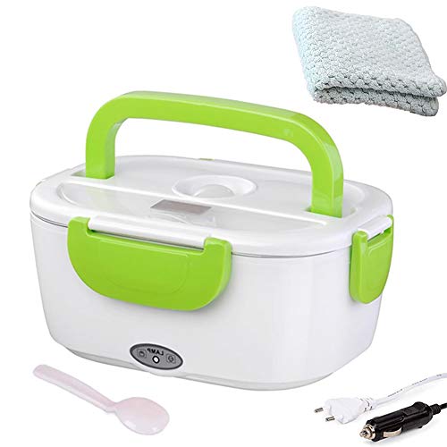 Nifogo lancheira elétrica 2 em 1 para carro e trabalho - bule comida quente aço inoxidável 12 V e 220 V, tampa e garrafa térmica 40 W com colher garfo e 2 compartimentos