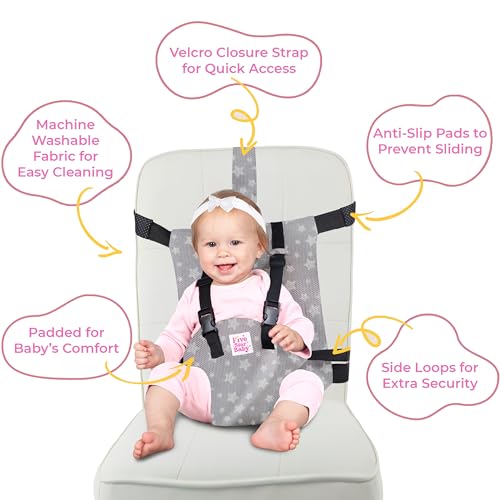 Image of Portable Baby Chair Strap - Travel Dining Seat Cover for Babies & Toddlers | Portable Baby Chair for Travel | Compact, Foldable Baby Seat Cover - Grey Star