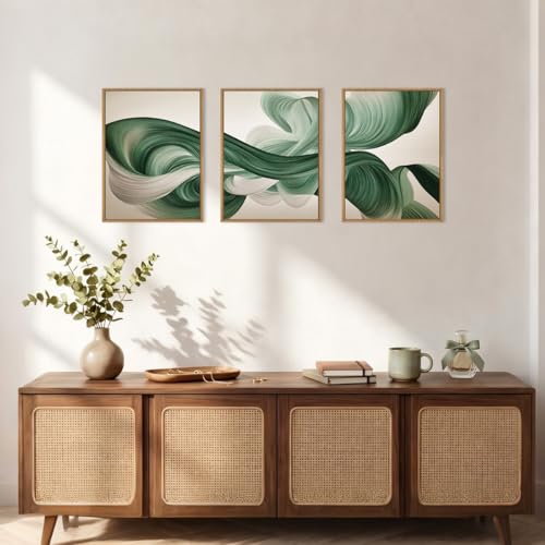 Image of KAIRNE Green Abstract Framed Canvas Wall Art Set,Minimalist Green Lines Wall Decor,Modern Flowing Texture Art Prints,Neutral Smokes Waves Artwork for Living Room,Bedroom,Farmhouse,Office-12 x16 x3