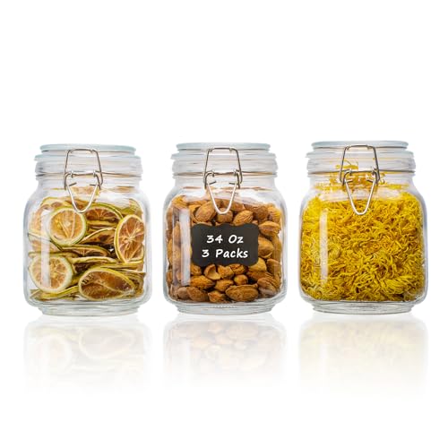 Image of 34oz Square Glass Food Storage Jars with Airtight Clamp Lids 3 Pack