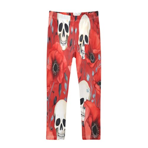 Toddler Girls Leggings Printed Yoga Pants Leggings Red Flower White Skull for Kids