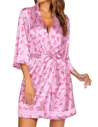 Ekouaer Women's Lace-Trim Silk Robes Bride Bridesmaid Kimono Satin Bathrobe V Neck Sleepwear with 3/4 Sleeve
