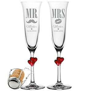 2er Set Sektgläser mit roten Herzen – Motiv Mr. und Mrs. – mit Gravur von Namen und Datum – tolle Sektkelche zum…