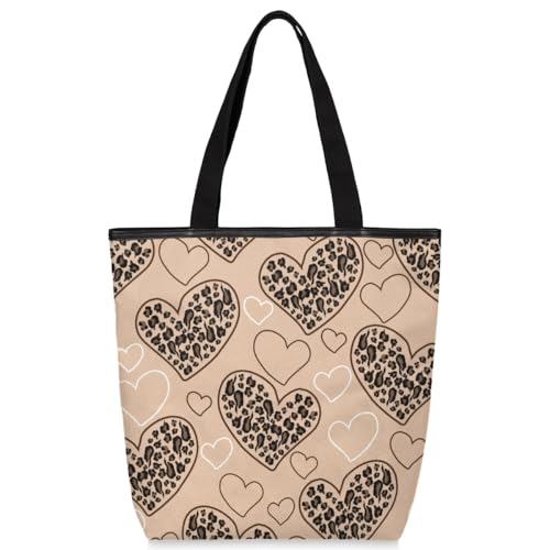 Mularoka Hand Painted Leopard Heart Canvas Tote Bag with Zipper and Pockets Canvas Tote Shopping Bag Women Reusable Grocery Bag for Beach Travel Gym Shopping