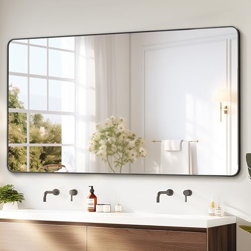 Image of Delma Bathroom Vanity Mirror, Black Framed Mirror for Over Sink, 55x30 | HD glass, distortion-free for makeup and grooming, Sturdy frame, all mounting hardware, hangs horizontal or vertical