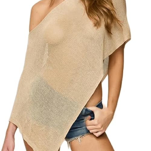 Asymmetric Knit Poncho, Women Sheer Knit Poncho, Top Lightweight Knit Shrug Shawl Off The Shoulder Mesh Blouse Cover Up Tops