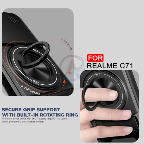 Image of AESTMO Realme C71 Back Cover | Armor Camera Slider 360 Degree Rotating Finger Ring Holder Case with Bracket Stand Back Case Cover (Compatible with MagSafe Accessories) (Black)