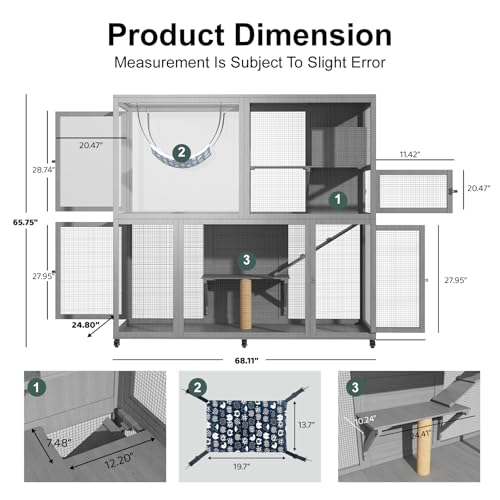 TIMHAKA Large Indoor Catio with Wheels, 4 Tier Cat Enclosures House for Outdoor Sunbathing, 66\" Multi-Feature Wooden Kitty Cage for Patio with 4 Access Doors, Gray